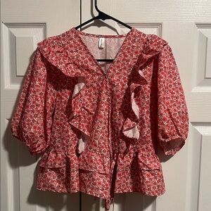 Floral Ruffle Blouse - Red
